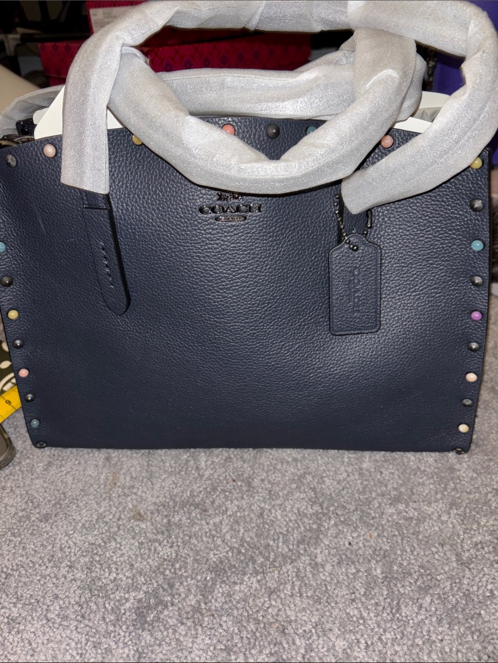 Coach Navy Pebbled Leather Tote with Multicolor Stud Trim